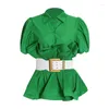 Women's Blouses Green Shirt For Women Lapel Puff Sleeve Fold Pleated Stays Casual Shirts Female 2023 Sashes Slim Spring Fashion Clothing