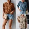 Women's T Shirts Womens Leopard Print Half Sleeve Tops Casual Ruffle Round Neck Puff Blouses Tees