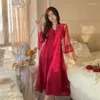 Women's Sleepwear Women Faux Silky Bride Night Dress Sexy Lace Pamajas Lingerie Summer Long Sleeve Nightgown Elegant Satin French Gowns