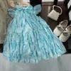 Robes de fille été bleu filles robe princesse fête d'anniversaire fleur fille bébé décontracté enfants vêtements