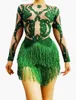 ارتداء المرحلة عرض الأداء ملابس ملهى ليلي مثيرة كريستال هامشات Leatard Leatard Sparkly Crystals Green Tassel Bodysuit Dance Costume