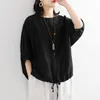 2023 Sommer Casual Leinenbaumbluse Frauen elegantes Knopf Kurzarm Shirt Plus Größe Tanic Boho Tops Übergroße Tops