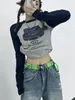 T-Shirt Femme T-Shirt Femme Slim Crop Top Rétro Élastique Pulls Mode Coréenne Imprimer Grunge Vintage T-Shirt À Manches Longues Y2k Patchwork Streetwear 230612