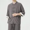 Hommes Chemises Décontractées D'été Mince Cuivre Bouton Style Chinois Chemise Hommes Lâche Coton Lin Hanfu Manteau Demi Manches Mâle Plus La Taille Tops M-5xl