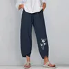 Women's Pants Women Summer Casual Solid Color Cotton Linen Floral Print Pocket Cropped Womens Petite