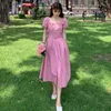 Casual Dresses Lucyever Summer Pink Square Collar Long Dress Women Korean Style with Belt Puff Short Sleeve Dresses High Waist Aline Vestidos Z0612