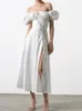 Casual Dresses Puff Sleeve Women White Dress Elegant Off Shoulder Bind Female Long Dresses Side Split Ruched 2023 Spring Ladies Aline Robe Z0612