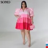 Plus Size Jurken Somo 2023 Mode Geplooide Satijnen Jurk Maat Vrouwen Elegante Revers Knop Patchwork Zomer 4XL Groothandel Drop 230613