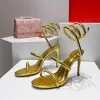 2023 novas sandálias de ouro designer de luxo salto agulha sapatos femininos cristal strass anel de pé entrelaçado 10 cm salto alto sandália de banda estreita 35-41
