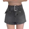 Skirts Women Skirt Denim Skort Zipper Fly Slim Mini with Belt Fake Two Pieces High Waist Y2k Streetwear Faldas Mujer 230612