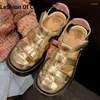 Sandaler Leshion of Chanmeb Women's Leather Gold Silver Hookloop Thick Platform Summer Shoes High Heel Gladiator Sandal 2023