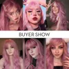Spets peruker onenonly lång rosa peruk med lugg naturlig våg värmebeständig vågig hår syntetiska peruker för kvinnor lolita cosplay z0613