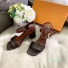 Classic Printing Sandals Chunky Heels Ankle Strap Sandals Leather Slippers Designer Summer Women Beach Shoes