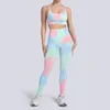 Calças femininas sem costura malha tie-dye esporte terno cintura alta levantamento de quadril fitness lindo colete sutiã roupas de ioga para mulheres