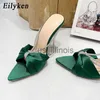 Slippers Eilyken Satijn Kristal Vrouwen Slippers Party Sexy Mode Puntschoen Transparant Perspex Stiletto Hoge Hakken Zomer Schoenen J230613