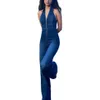 Damen ärmellose Denim-Jeans, Umlegekragen, Neckholder, lange Hosen, Jumpsuits, Strampler, SMLXL