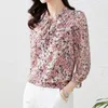 T-shirt 2022Summer Casual 3/4 Sleeve Chiffon Ladies Topps Bow spetsar upp rufsblommor blommor Löst mode söta chic eleganta blusar skjorta