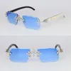 Accessoires de croix de luxe Moissanite Diamond Set Lunettes de soleil sans monture Femme Big Stones Lunettes de soleil en diamant Original Corne de buffle blanche Hommes Femmes Lunettes de soleil Taille 58