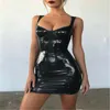 Robes décontractées 2023 Faux Cuir Robe Sexy Dos Nu Club Party Solide Noir Latex Moulante Push Up Soutien-Gorge Mini Micro Justaucorps Vestidos