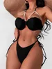 Roupa de banho feminina Sexy Shell Shape Underwire Biquíni Top Gravata Lateral Triângulo Roupa de banho Feminina 2023 Black Pearls Strap Push Up Maiô Z0613