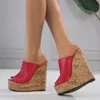 Liyke 2023 nouveau Sexy Super 15CM talons hauts plate-forme compensées pantoufles pour femmes en cuir rouge Peep Toe été sandales femmes chaussures