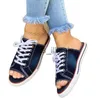 Slippers 2022 Zomer Vrouwen Slippers Nieuwe Vis Mond Open Teen Lace Up Denim Sandalen Mode Ademend Casual Platte Sport dames Schoenen J230613