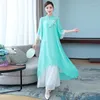 Ethnic Clothing Vintage Chiffon Embroidery Long Top Wide Leg Pants Suit Casual Loose Elegant Women National Chinese Style Two Piece Set