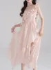 Robes décontractées 2023 été femmes doux rose Floral maille élégante robe de soirée femme sans manches taille haute en mousseline de soie irrégulière vacances plage