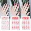 False Nails 24PCS Pink Gradient Glitter Butterfly Rhinestones Nail Press On Wearable Fake Full Cover Jelly Glue