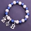 Charm Bracelets Stretch Branco Azul 10 Mm Contas Pérolas Letras Gregas Zeta Phi Beta ZOB Sociedade Jóias Femininas