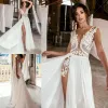 Vestido de Noiva Sexy A Line com Divisória Alta Barato Decote em V Profundo Ilusão Renda Aplique Vestidos de Noiva Vestidos de Noiva Feitos sob Medida