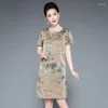 Etnik Giyim 2023 Yaz Çin Ulusal Tarzı Yuvarlak Yuvarlak Kısa Kollu Baskılı İpek Elbise Kadınlar Orta Uzunluk Zarif Günlük Çöp