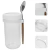 Set di posate 2 pezzi Bottiglie di vetro per latte Mason Cup Cucchiaio Contenitori per avena durante la notte Barattolo per uso domestico 17,5X9CM Barattoli in acciaio inossidabile bianco