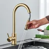 Bathroom Sink Faucets Quyanre Brushed Gold Kitchen Faucet Pull Out Kitchen Sink Water Tap Single Handle Mixer Tap 360 Rotation Kitchen Shower Faucet 230612