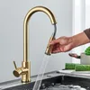 Wastafelkranen Quyanre Geborsteld Goud Keukenkraan Trek Keuken Spoelbak Waterkraan Enkele Handgreep Mengkraan 360 Rotatie Keuken Douche Kraan 230612