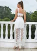 Robes Décontractées Sexy Sans Manches Broderie Dentelle Robe Longue Femmes Blanc Spaghetti Strap A-Line Tulle Maxi Élégant Celebrity Party Club Dres