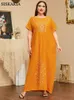 Taglie forti Abiti Taglia Abito Primavera Estate Moda donna Giallo Girocollo Elegante ricamo floreale Manica corta Party Maxi Robes 230613