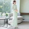 Ropa étnica Primavera Verano Ao Dai Vietnam Slim Set Mujeres Tops largos Pantalones de pierna ancha Dos piezas Blanco Verde claro Estilos chinos DD717