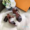 Classic Printing Sandals Chunky Heels Ankle Strap Sandals Leather Slippers Designer Summer Women Beach Shoes