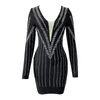 Casual Dresses Factory Wholesale Women's Black Long Sleeve Diamond V-Neck Sexig Celebrity Boutique Cocktail Party Bandag Dress