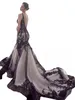 Gothic Black Lace Mermaid Brautkleider für Bräute Sexy V-Ausschnitt rückenfrei Plus Size Vestidos De Novia Sommer Strand Gericht Zug lange Dot Tüll Brautkleider