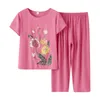 Kvinnors tvåbitar byxor äldre blommigt tryck Summer Sleepwear kostym Kort ärm Löst bomull Silk Women Home Wear Clothes Trousers Set