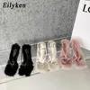 Slippers Eilyken 2023 New Design Faux Fur Slipper High Heels Shoes Fall Best Street Females Square Head Toe Clip-On Sandals Women J230613
