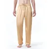Calça Masculina LUCLESAM Pijama Masculino de Seda Elástico com Cordão Plus Calça Longa Tamanho Europeu Primavera Moda Roupas Casuais
