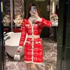 Casual Jurken Vintage V-hals Lange Mouwen Bruiloft Maxi Voor Vrouwen Party Plaid Breien Bodycon Jurk Rode Kleding Winter 2023 Kerst