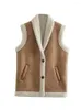 Women's Vests SLMD 2023 Fashion Women Chic Warm Brown Suede Vest Single Breasted Pockets Female Fleece Waistcoat Casual Outwear