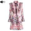 Dresses Runway Autumn Dresses Women Bow Tie Long Sleeve Print Elegant Lace Patchwork Embroidery Vintage Party Pink Mini Dress Vestidos