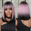 Perucas de renda roxo rosa ombre preto curto perucas sintéticas retas com franja bob peruca para mulheres festa de cosplay diária cabelo falso resistente ao calor z0613