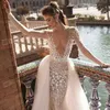 New Berta Mermaid Wedding Dresses with Detachable Train Sexy Deep V Neck Backless Long Sleeve Wedding Dress Appliqued Lace Bridal Gown