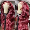 Röd spets främre mänskliga hår peruker färgad kroppsvåg peruk glulös 13x4 13x6 hd transparent spets frontala peruk 30 36 tum